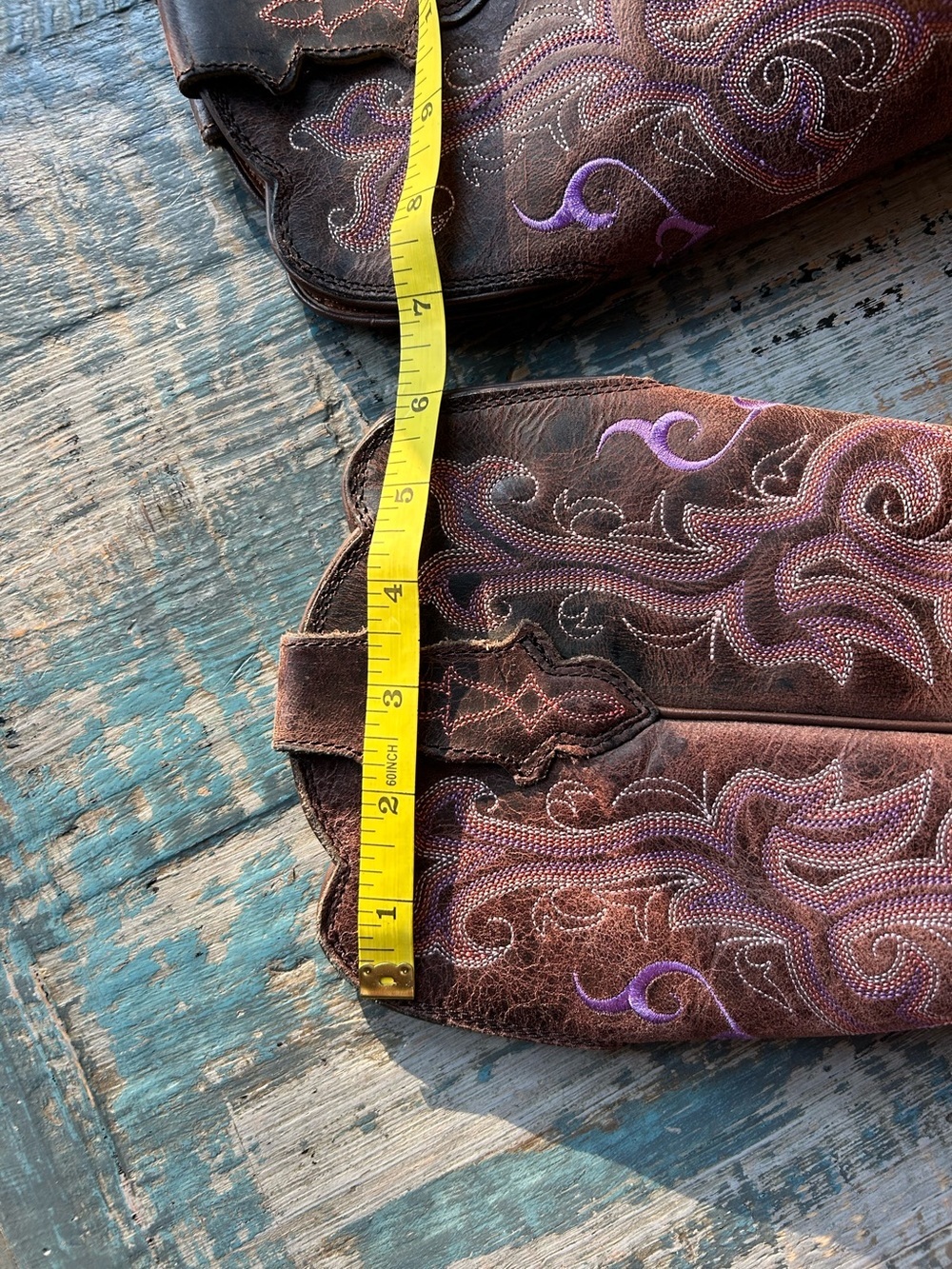 Justin Women’s Leather Cowboy Boots Size 7B Like New Purple Stitching 13.5” tall - Picture 16 of 16